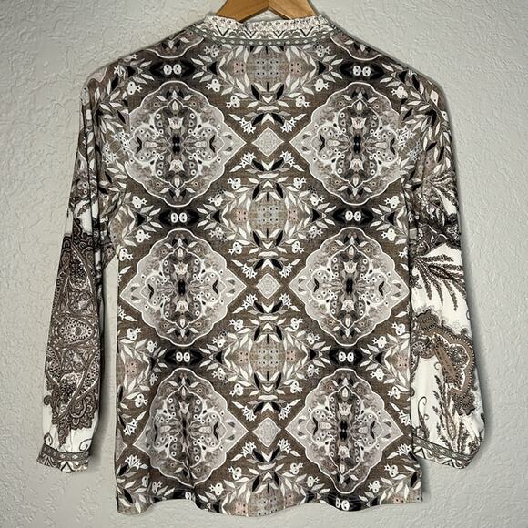 Hale Bob Jersey Wrap Top Brown Paisley Stretchy Ruffle Y2K Neutral Vacation Fall - Picture 6 of 8